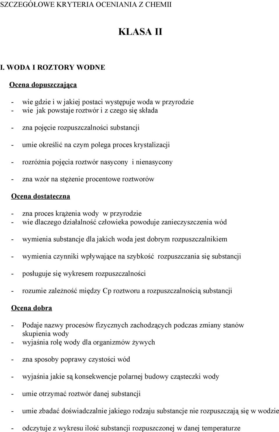 określić na czym polega proces krystalizacji - rozróżnia pojęcia roztwór nasycony i nienasycony - zna wzór na stężenie procentowe roztworów Ocena dostateczna - zna proces krążenia wody w przyrodzie -