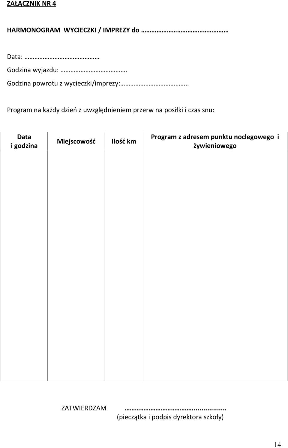 . Program na każdy dzień z uwzględnieniem przerw na posiłki i czas snu: Data i