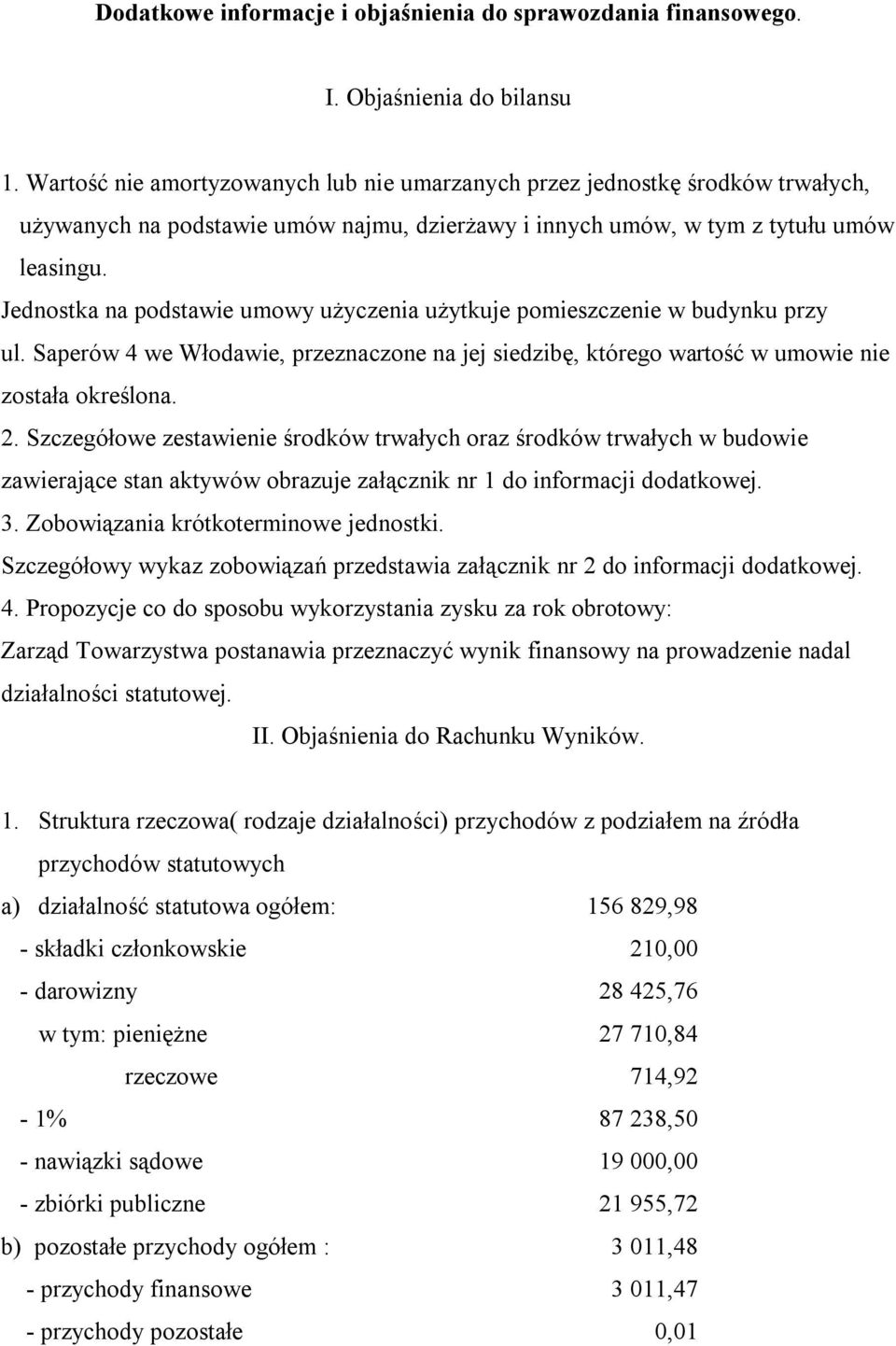 Jednostka na podstawie umowy użyczenia użytkuje pomieszczenie w budynku przy ul. Saperów 4 we Włodawie, przeznaczone na jej siedzibę, którego wartość w umowie nie została określona. 2.