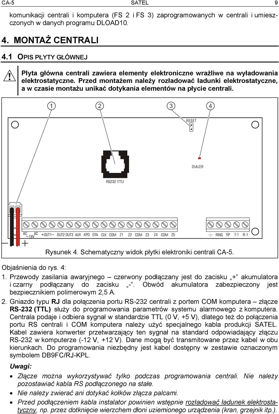 Przed montażem należy rozładować ładunki elektrostatyczne, a w czasie montażu unikać dotykania elementów na płycie centrali. Rysunek 4. Schematyczny widok płytki elektroniki centrali CA-5.