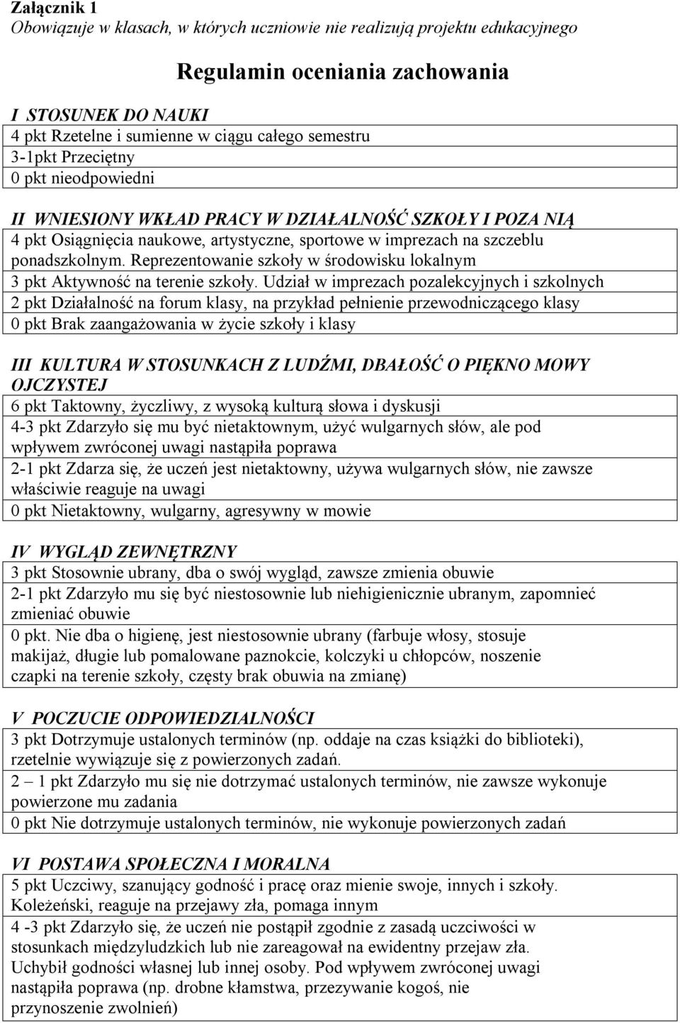 Reprezentowanie szkoły w środowisku lokalnym 3 pkt Aktywność na terenie szkoły.