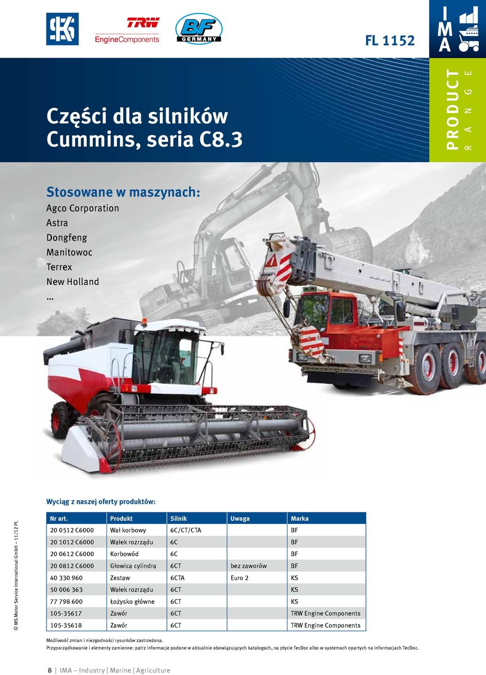 Produkt Silnik Uwaga Marka 20 0512 C6000 Wał korbowy 6C/CT/CTA BF 20 1012 C6000 Wałek rozrządu 6C BF 20 0612 C6000 Korbowód 6C BF 20