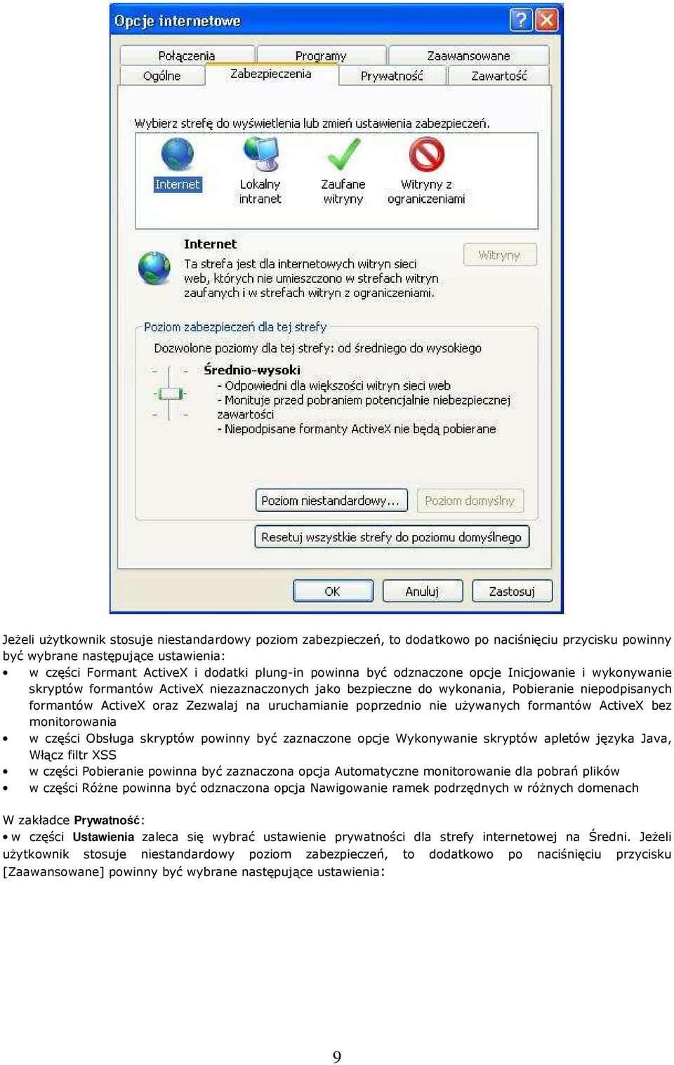 poprzednio nie używanych formantów ActiveX bez monitorowania w części Obsługa skryptów powinny być zaznaczone opcje Wykonywanie skryptów apletów języka Java, Włącz filtr XSS w części Pobieranie