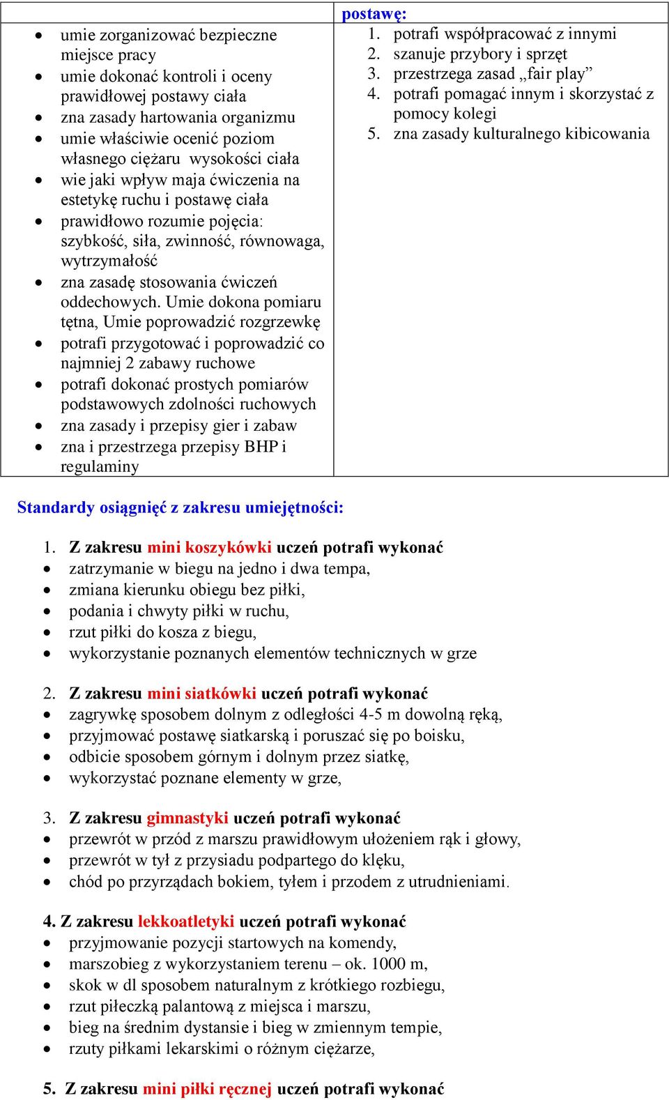 Umie dokona pomiaru tętna, Umie poprowadzić rozgrzewkę potrafi przygotować i poprowadzić co najmniej 2 zabawy ruchowe potrafi dokonać prostych pomiarów podstawowych zdolności ruchowych zna zasady i