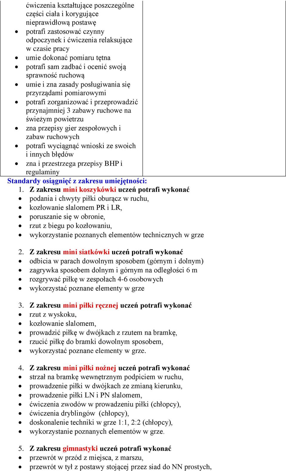 gier zespołowych i zabaw ruchowych potrafi wyciągnąć wnioski ze swoich i innych błędów zna i przestrzega przepisy BHP i regulaminy Standardy osiągnięć z zakresu umiejętności: 1.