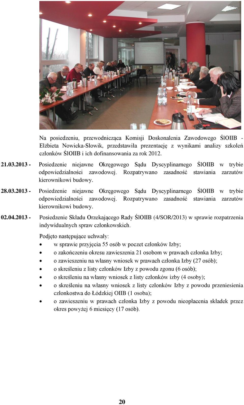 04.2013 - Posiedzenie Składu Orzekającego Rady ŚlOIIB (4/SOR/2013) w sprawie rozpatrzenia indywidualnych spraw członkowskich.