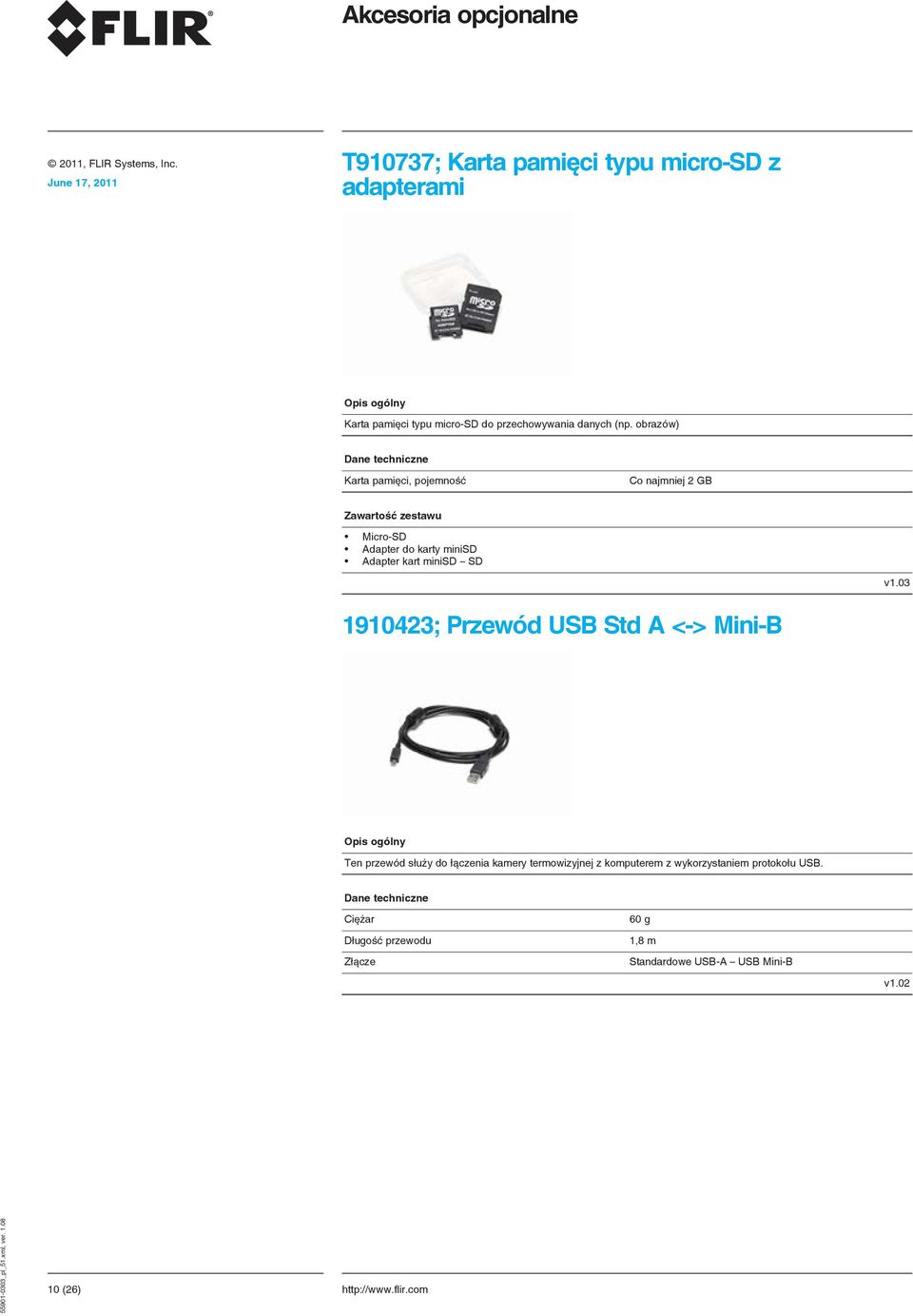 obrazów) Karta pamięci, pojemność Co najmniej 2 GB Micro-SD Adapter do karty minisd Adapter kart minisd SD v1.