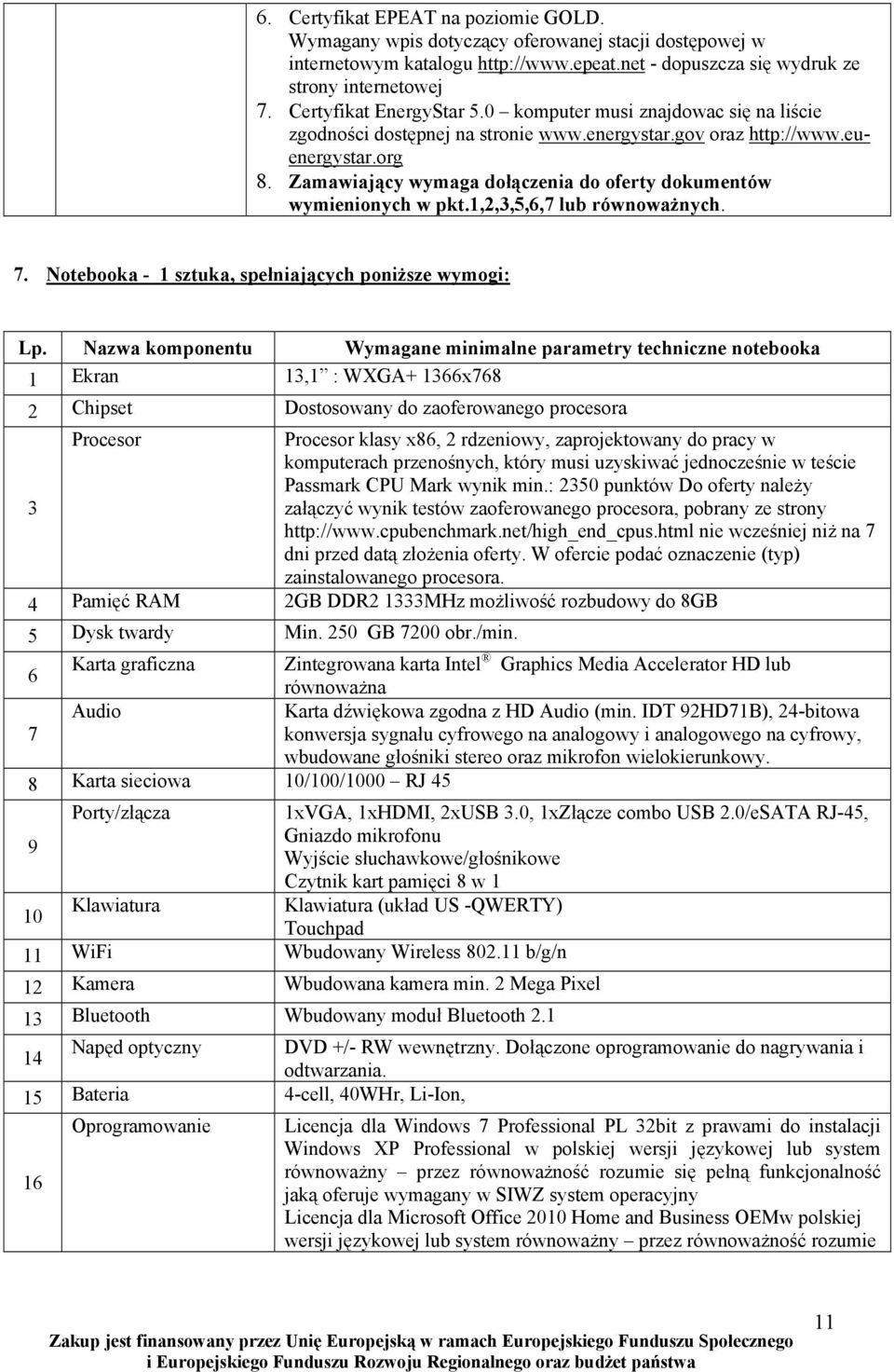 Zamawiający wymaga dołączenia do oferty dokumentów wymienionych w pkt.1,2,3,5,6,7 lub równoważnych. 7. Notebooka - 1 sztuka, spełniających poniższe wymogi: Lp.