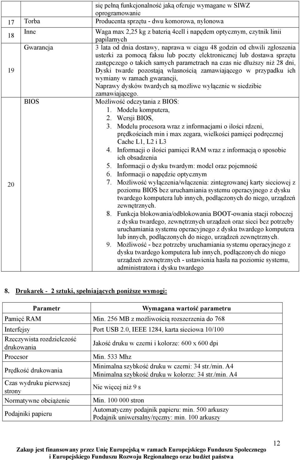 parametrach na czas nie dłuższy niż 28 dni, 19 Dyski twarde pozostają własnością zamawiającego w przypadku ich wymiany w ramach gwarancji, Naprawy dysków twardych są możliwe wyłącznie w siedzibie