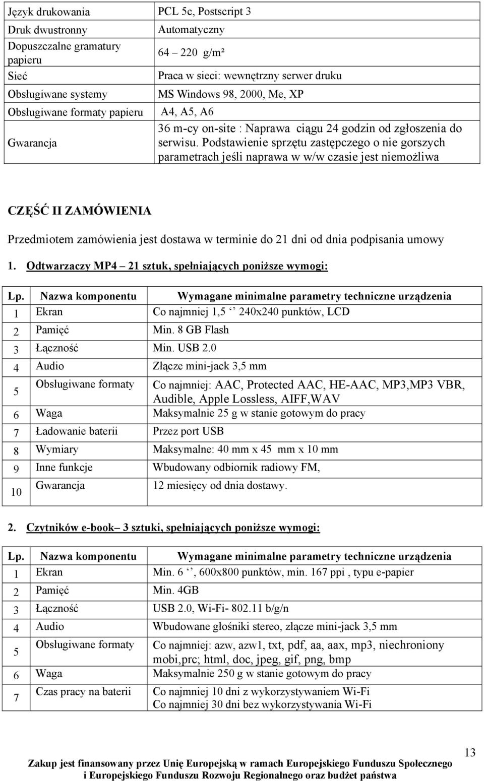 Podstawienie sprzętu zastępczego o nie gorszych parametrach jeśli naprawa w w/w czasie jest niemożliwa CZĘŚĆ II ZAMÓWIENIA Przedmiotem zamówienia jest dostawa w terminie do 21 dni od dnia podpisania