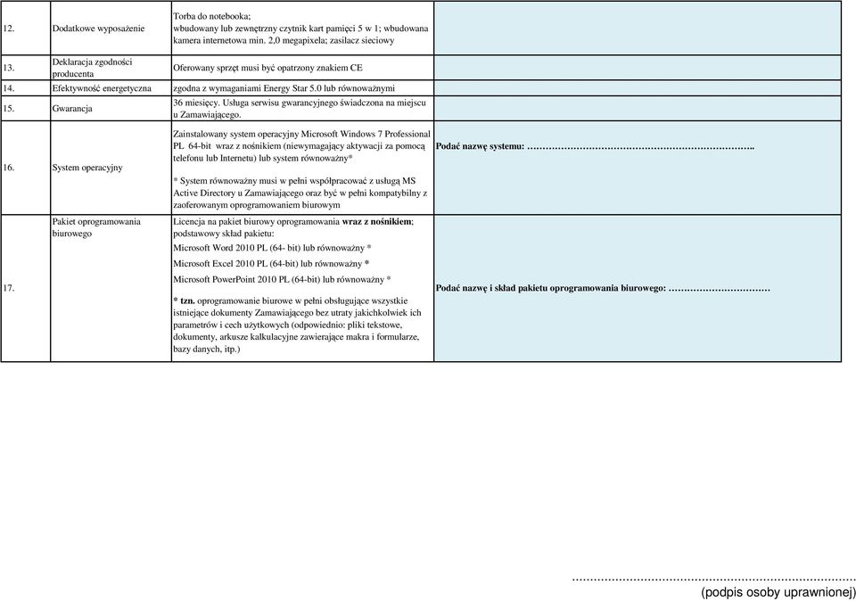 System operacyjny Pakiet oprogramowania biurowego 36 miesięcy. Usługa serwisu gwarancyjnego świadczona na miejscu u Zamawiającego.