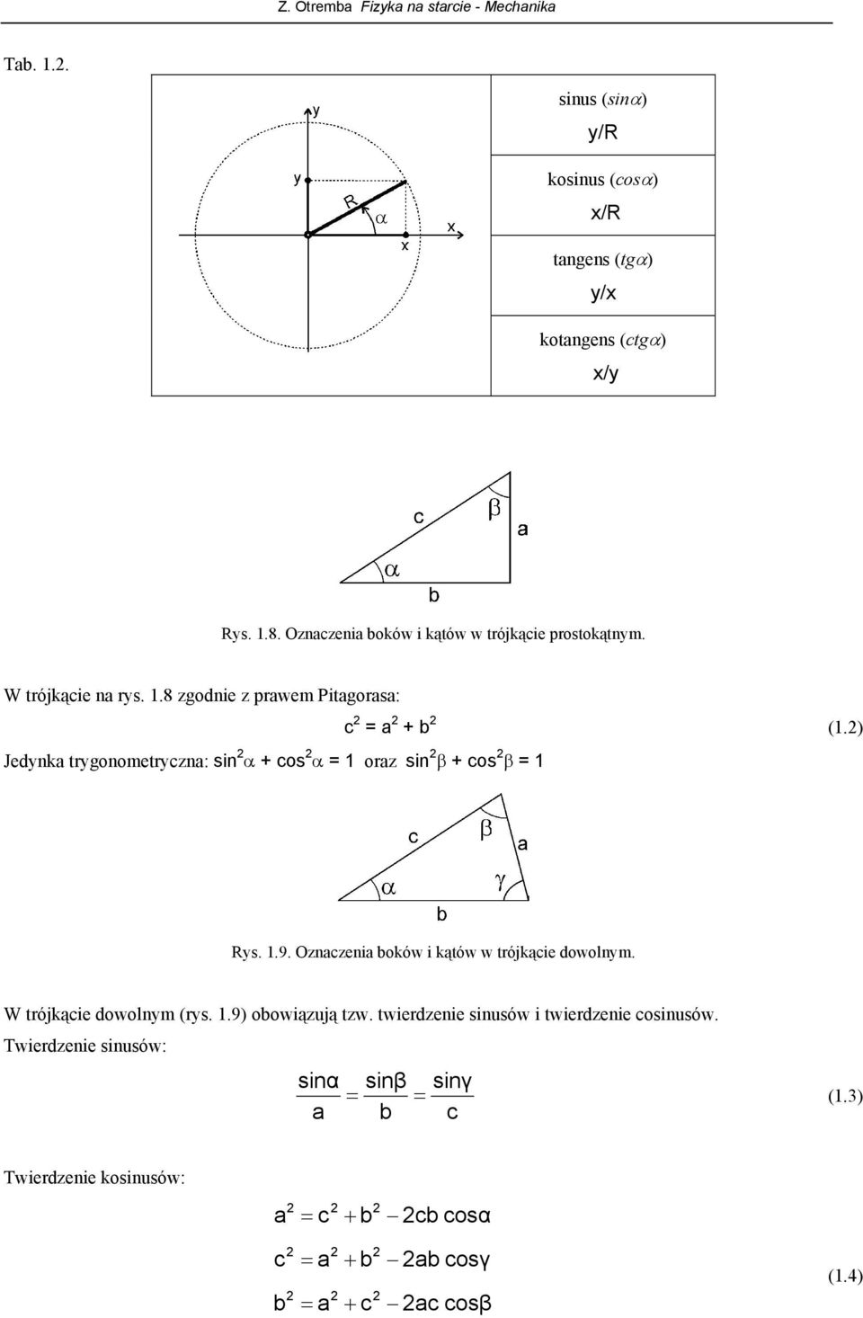8 zgdnie z prawem Pitagrasa: Jedynka trygnmetryczna: sin α + cs α = 1 raz sin β + cs β = 1 c = a + b (1.) Rys. 1.9.