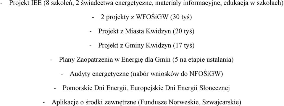 w Energię dla Gmin (5 na etapie ustalania) - Audyty energetyczne (nabór wniosków do NFOŚiGW) - Pomorskie Dni