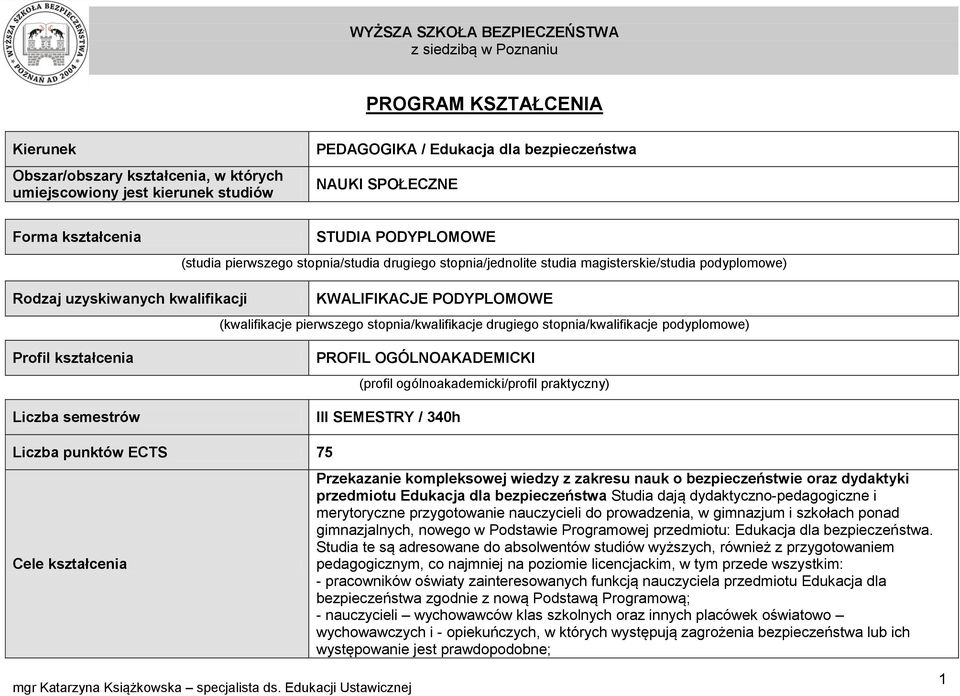 stopnia/kwalifikacje drugiego stopnia/kwalifikacje podyplomowe) Profil kształcenia Liczba semestrów PROFIL OGÓLNOAKADEMICKI (profil ogólnoakademicki/profil praktyczny) III SEMESTRY / 340h Liczba