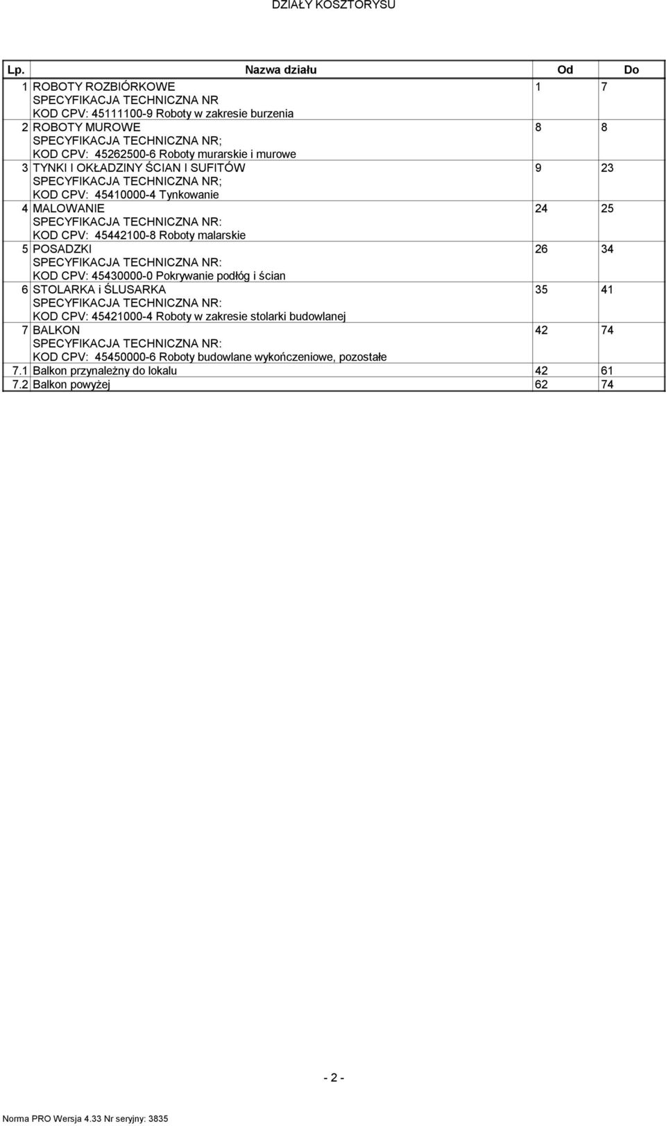 456500-6 Roboty urarskie i urowe 3 TYNKI I OKŁADZINY ŚCIAN I SUFITÓW 9 3 SPECYFIKACJA TECHNICZNA NR; KOD CPV: 4540000-4 Tynkowanie 4 MALOWANIE 4 5 KOD CPV: 454400-8 Roboty