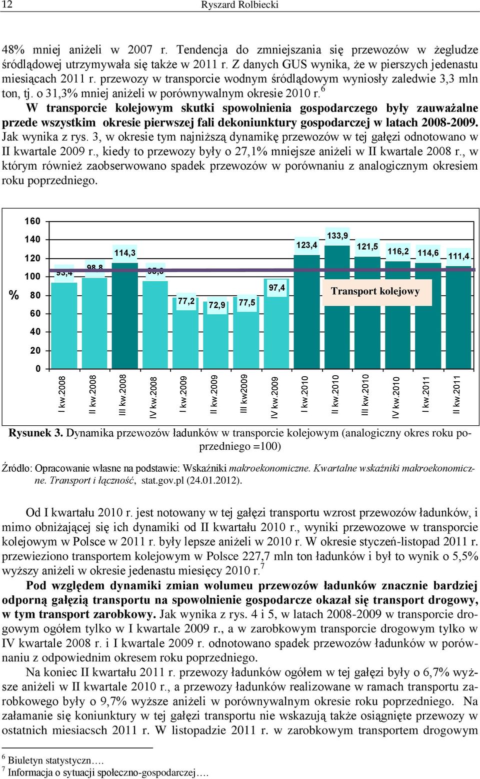 6 W transporcie kolejowym skutki spowolnienia gospodarczego były zauważalne przede wszystkim okresie pierwszej fali dekoniunktury gospodarczej w latach 28-29. Jak wynika z rys.