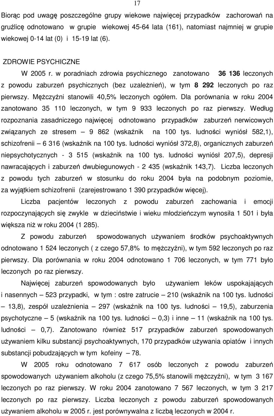 Mężczyźni stanowili 40,5% leczonych ogółem. Dla porównania w roku 2004 zanotowano 35 110 leczonych, w tym 9 933 leczonych po raz pierwszy.