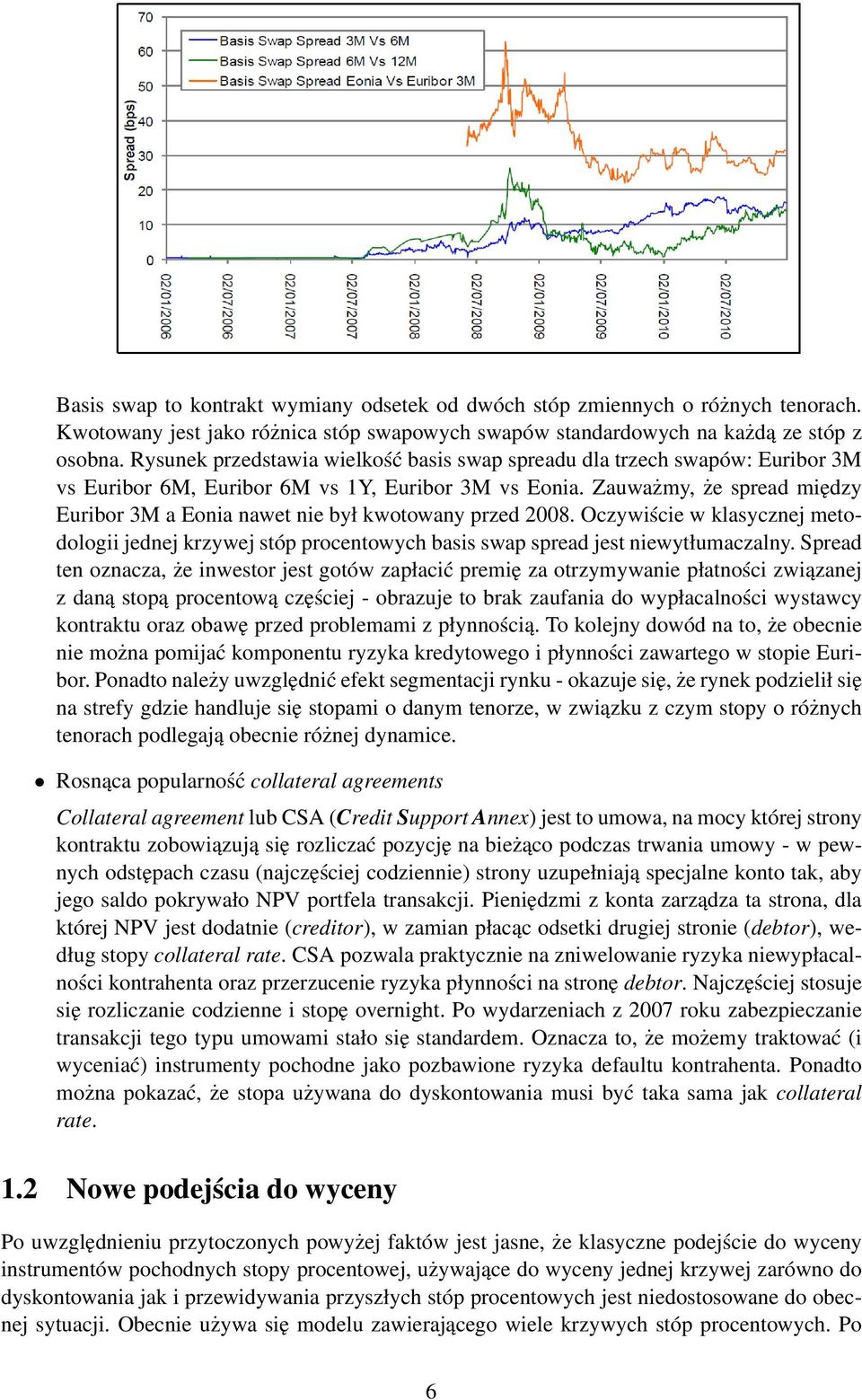 Zauważmy, że spread między Euribor 3M a Eonia nawe nie był kwoowany przed 2008. Oczywiście w klasycznej meodologii jednej krzywej sóp procenowych basis swap spread jes niewyłumaczalny.