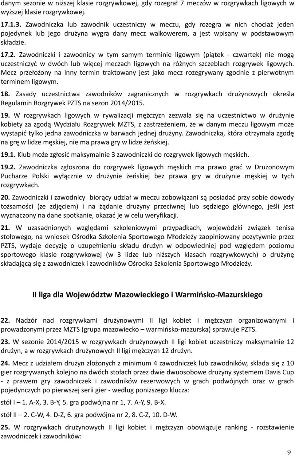 Zawodniczki i zawodnicy w tym samym terminie ligowym (piątek - czwartek) nie mogą uczestniczyć w dwóch lub więcej meczach ligowych na różnych szczeblach rozgrywek ligowych.