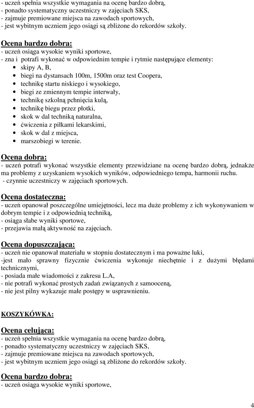 - zna i potrafi wykonać w odpowiednim tempie i rytmie następujące elementy: skipy A, B, biegi na dystansach 100m, 1500m oraz test Coopera, technikę startu niskiego i wysokiego, biegi ze zmiennym