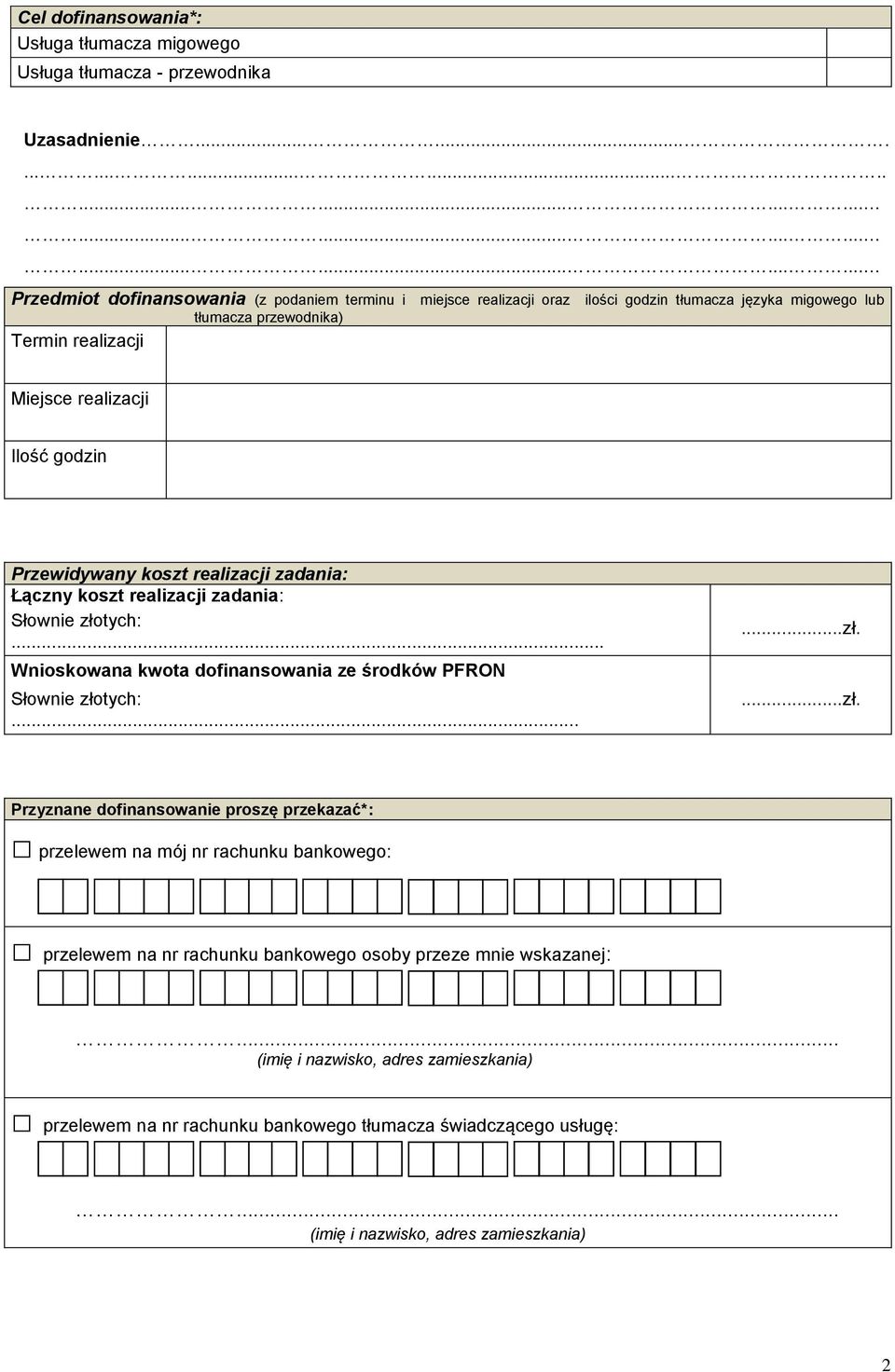 Przewidywany koszt realizacji zadania: Łączny koszt realizacji zadania: Słownie złotych:... Wnioskowana kwota dofinansowania ze środków PFRON Słownie złotych:......zł....zł. III.