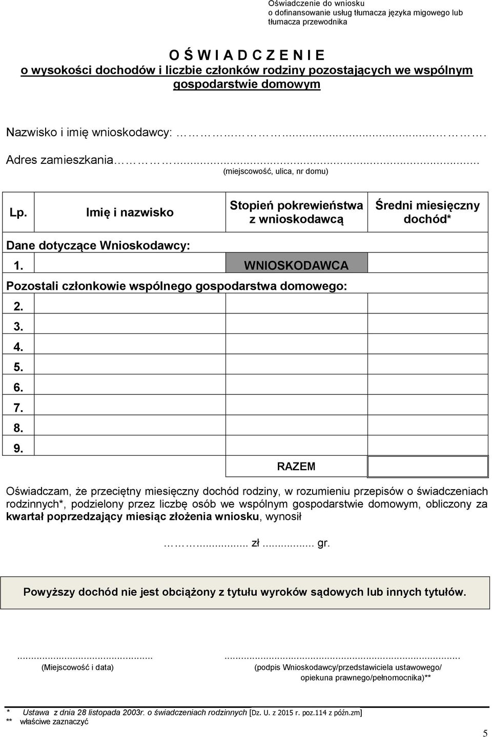 Imię i nazwisko Stopień pokrewieństwa z wnioskodawcą Średni miesięczny dochód* Dane dotyczące Wnioskodawcy: 1. WNIOSKODAWCA Pozostali członkowie wspólnego gospodarstwa domowego: 2. 3. 4. 5. 6. 7. 8.