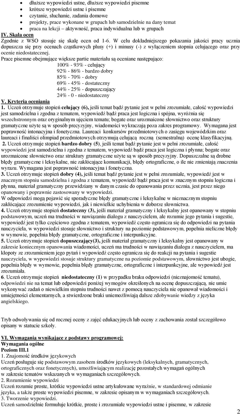 W celu dokładniejszego pokazania jakości pracy ucznia dopuszcza się przy ocenach cząstkowych plusy (+) i minusy (-) z wyłączeniem stopnia celującego oraz przy ocenie niedostatecznej.