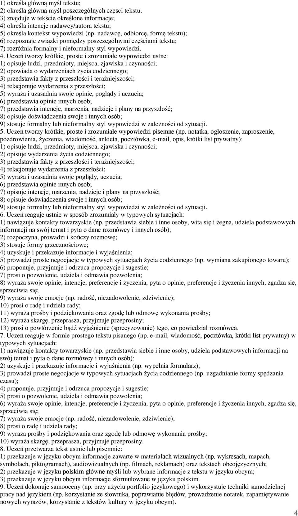 Uczeń tworzy krótkie, proste i zrozumiałe wypowiedzi ustne: 1) opisuje ludzi, przedmioty, miejsca, zjawiska i czynności; 2) opowiada o wydarzeniach życia codziennego; 4) relacjonuje wydarzenia z