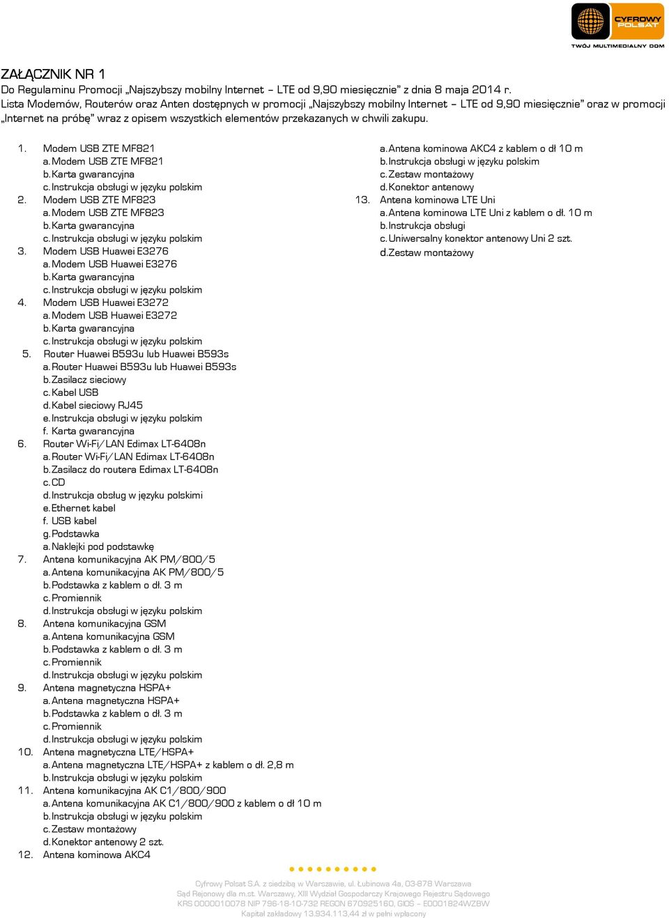 zakupu. 1. Modem USB ZTE MF821 a. Modem USB ZTE MF821 b. Karta gwarancyjna c. Instrukcja obsługi w języku polskim 2. Modem USB ZTE MF823 a. Modem USB ZTE MF823 b. Karta gwarancyjna c. Instrukcja obsługi w języku polskim 3.