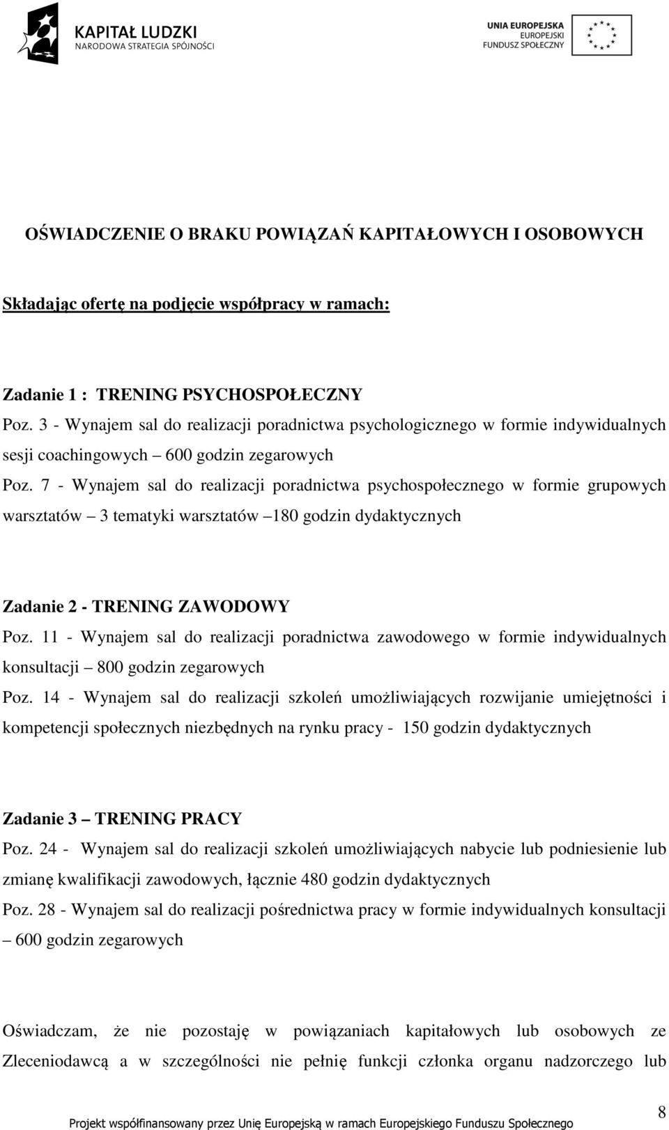 7 - Wynajem sal do realizacji poradnictwa psychospołecznego w formie grupowych warsztatów 3 tematyki warsztatów 180 godzin dydaktycznych Zadanie 2 - TRENING ZAWODOWY Poz.