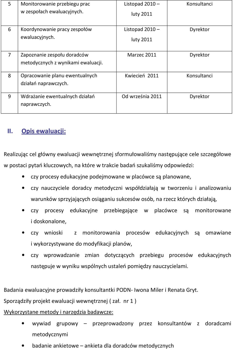 Marzec 2011 Kwiecień 2011 Od września 2011 Dyrektor Konsultanci Dyrektor II.