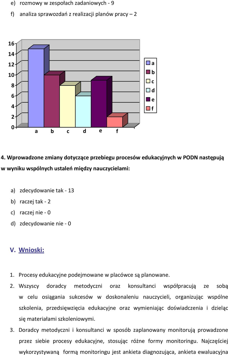 zdecydowanie nie - 0 V. Wnioski: 1. Procesy edukacyjne podejmowane w placówce są planowane. 2.