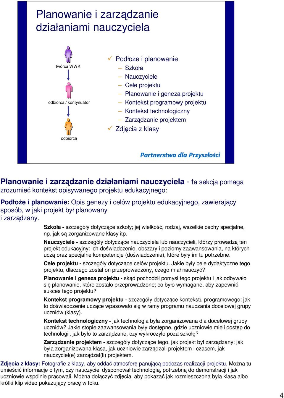 celów projektu edukacyjnego, zawierający sposób, w jaki projekt był planowany i zarządzany. Szkoła -szczegóły dotyczące szkoły; jej wielkość, rodzaj, wszelkie cechy specjalne, np.