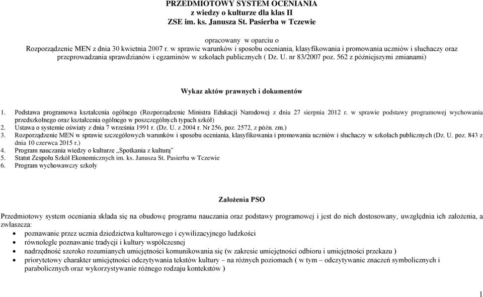 562 z późniejszymi zmianami) Wykaz aktów prawnych i dokumentów 1. Podstawa programowa kształcenia ogólnego (Rozporządzenie Ministra Edukacji Narodowej z dnia 27 sierpnia 2012 r.
