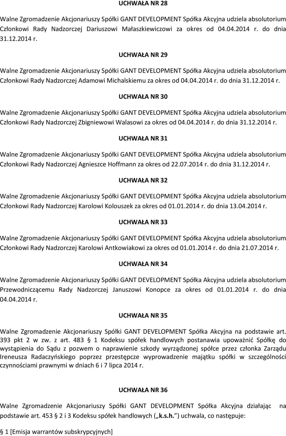 01.2014 r. do dnia 13.04.2014 r. UCHWAŁA NR 33 Członkowi Rady Nadzorczej Karolowi Antkowiakowi za okres od 01.01.2014 r. do dnia 21.07.2014 r. UCHWAŁA NR 34 Przewodniczącemu Rady Nadzorczej Januszowi Konopce za okres od 01.