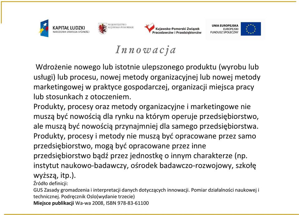 Produkty, procesy oraz metody organizacyjne i marketingowe nie muszą być nowością dla rynku na którym operuje przedsiębiorstwo, ale muszą być nowością przynajmniej dla samego przedsiębiorstwa.