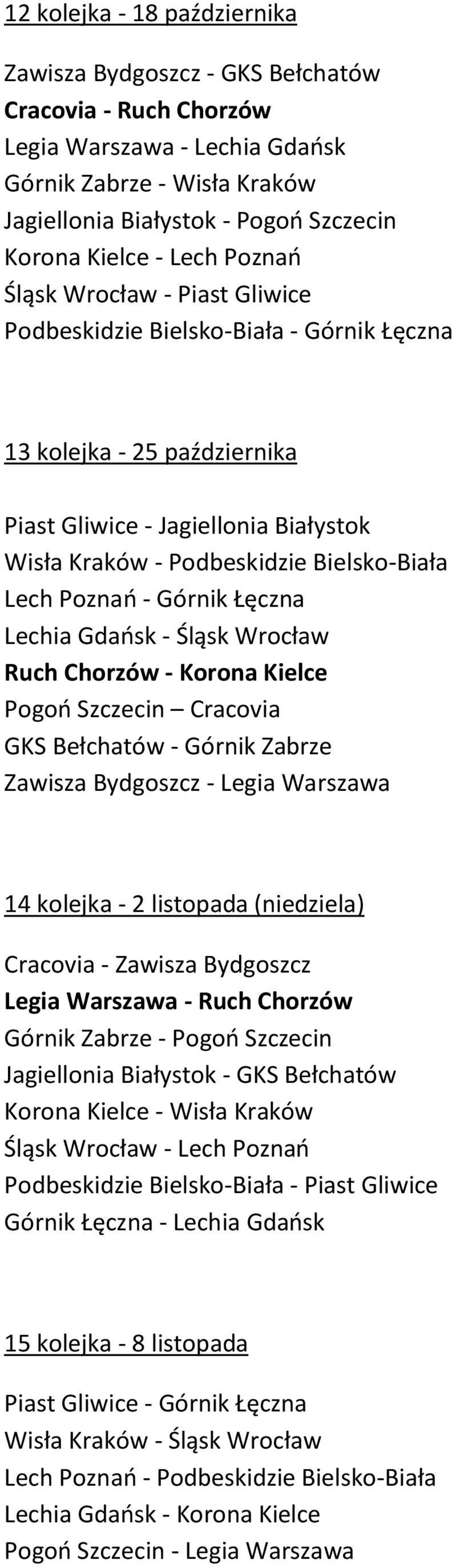 Lech Poznań - Górnik Łęczna Lechia Gdańsk - Śląsk Wrocław Ruch Chorzów - Korona Kielce Pogoń Szczecin Cracovia GKS Bełchatów - Górnik Zabrze Zawisza Bydgoszcz - Legia Warszawa 14 kolejka - 2