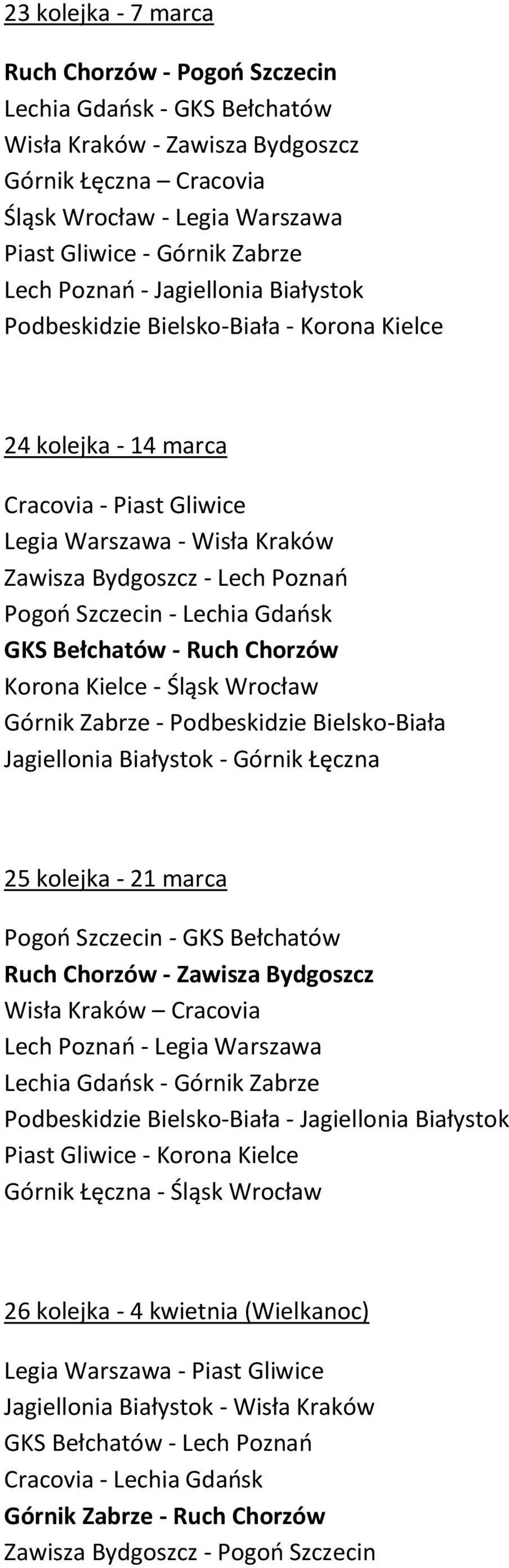 Szczecin - Lechia Gdańsk GKS Bełchatów - Ruch Chorzów Korona Kielce - Śląsk Wrocław Górnik Zabrze - Podbeskidzie Bielsko-Biała Jagiellonia Białystok - Górnik Łęczna 25 kolejka - 21 marca Pogoń