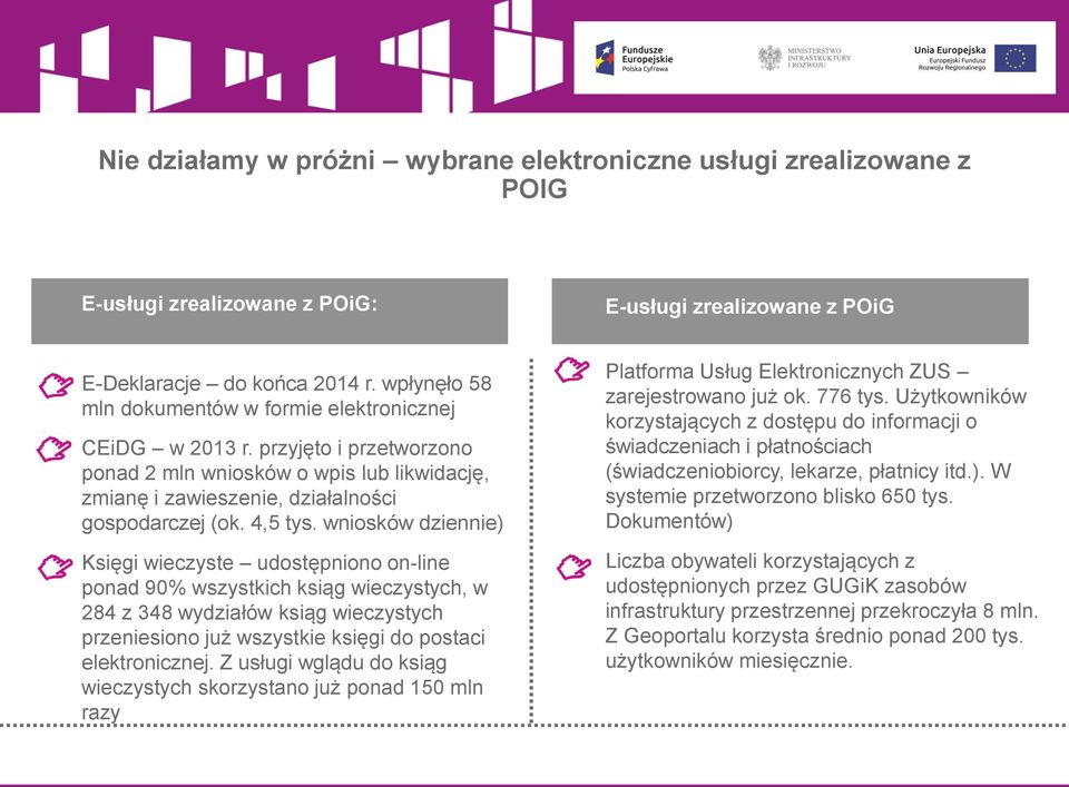 wniosków dziennie) Księgi wieczyste udostępniono on-line ponad 90% wszystkich ksiąg wieczystych, w 284 z 348 wydziałów ksiąg wieczystych przeniesiono już wszystkie księgi do postaci elektronicznej.