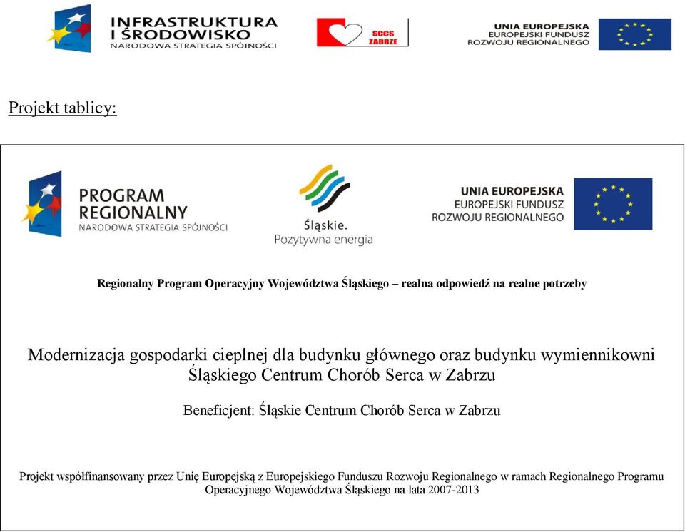 Zabrzu Beneficjent: Śląskie Centrum Chorób Serca w Zabrzu Projekt współfinansowany przez Unię Europejską z