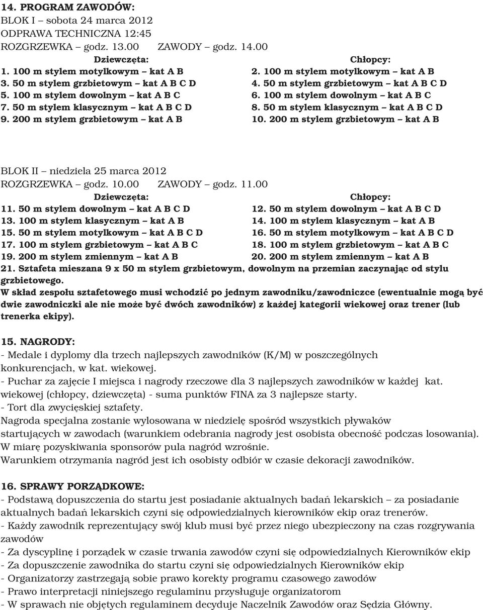 50 m stylem klasycznym kat A B C D 8. 50 m stylem klasycznym kat A B C D 9. 200 m stylem grzbietowym kat A B 10. 200 m stylem grzbietowym kat A B BLOK II niedziela 25 marca 2012 ROZGRZEWKA godz. 10.00 ZAWODY godz.