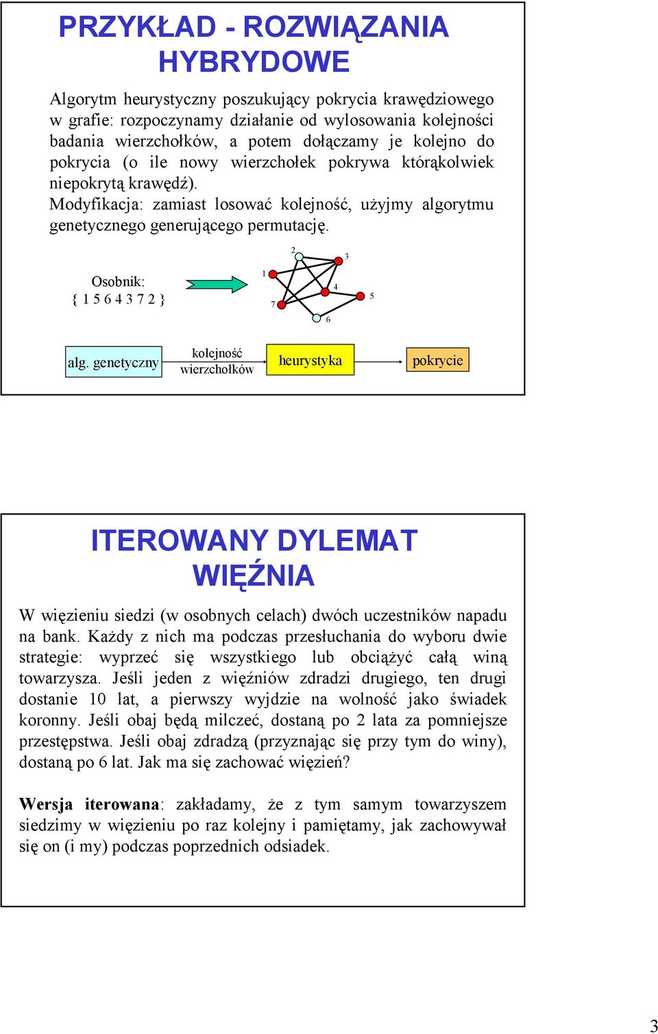 2 3 Osobnik: { 1 5 6 4 3 7 2 } 1 7 4 5 6 kolejność alg. genetyczny heurystyka pokrycie wierzchołków ITEROWANY DYLEMAT WIĘŹNIA W więzieniu siedzi (w osobnych celach) dwóch uczestników napadu na bank.