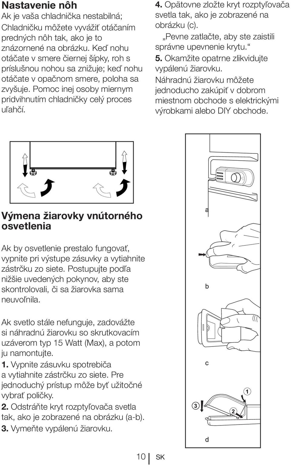 Opätovne zložte kryt rozptyľovača svetla tak, ako je zobrazené na obrázku (c). Pevne zatlačte, aby ste zaistili správne upevnenie krytu. 5. Okamžite opatrne zlikvidujte vypálenú žiarovku.