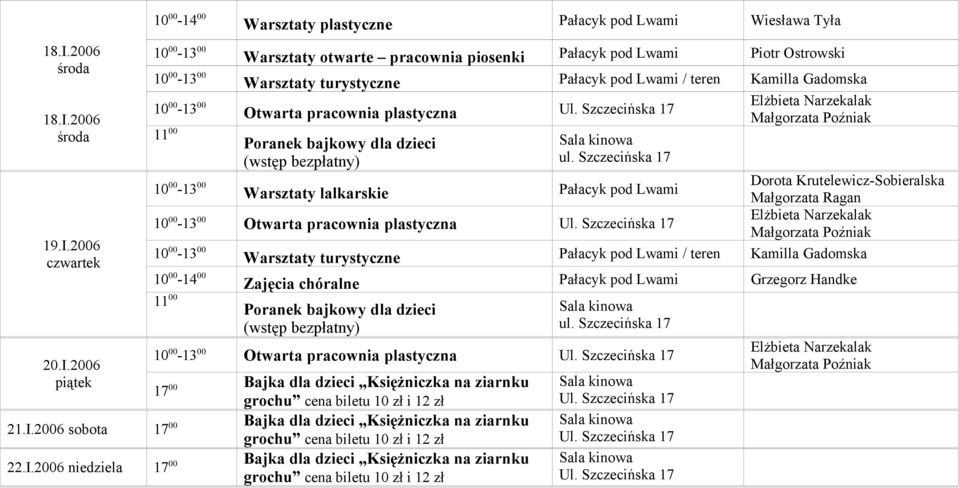 Szczecińska 17 10 00-13 00 Otwarta pracownia plastyczna 11 00 Poranek bajkowy dla dzieci (wstęp bezpłatny) ul.