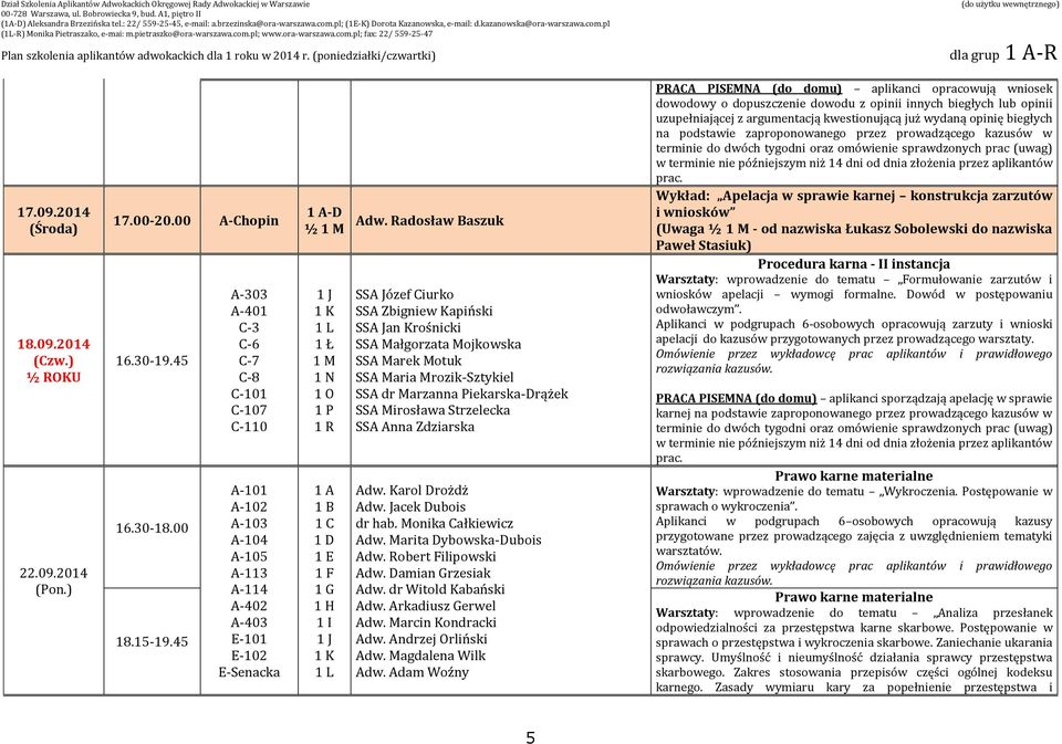 SSA Anna Zdziarska Adw. Karol Drożdż dr hab. Monika Całkiewicz Adw. Arkadiusz Gerwel Adw. Andrzej Orliński Adw. Magdalena Wilk Adw.