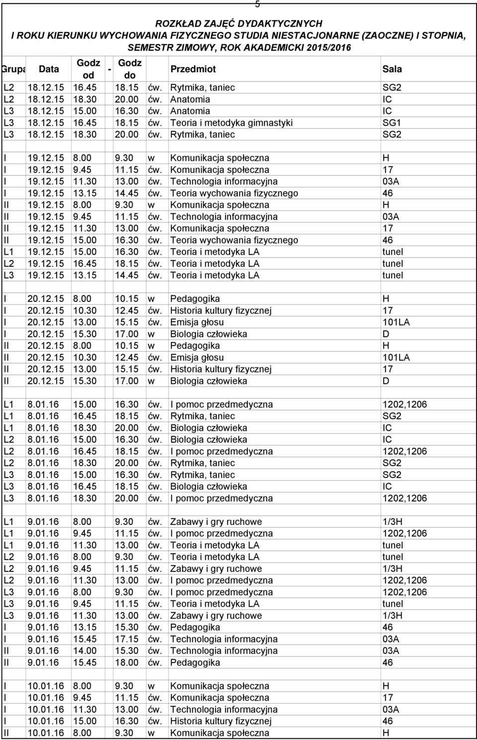 Teoria wychowania fizycznego 46 II 19.12.15 8.00 9.30 w Komunikacja społeczna H II 19.12.15 9.45 11.15 ćw. Technologia informacyjna 03A II 19.12.15 11.30 13.00 ćw. Komunikacja społeczna 17 II 19.12.15 15.