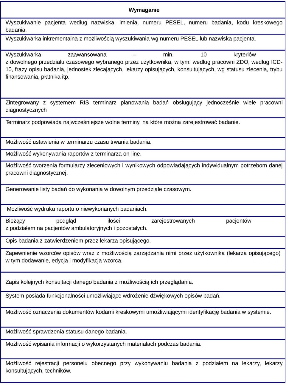 10 kryteriów z dowolnego przedziału czasowego wybranego przez użytkownika, w tym: według pracowni ZDO, według ICD- 10, frazy opisu badania, jednostek zlecających, lekarzy opisujących, konsultujących,