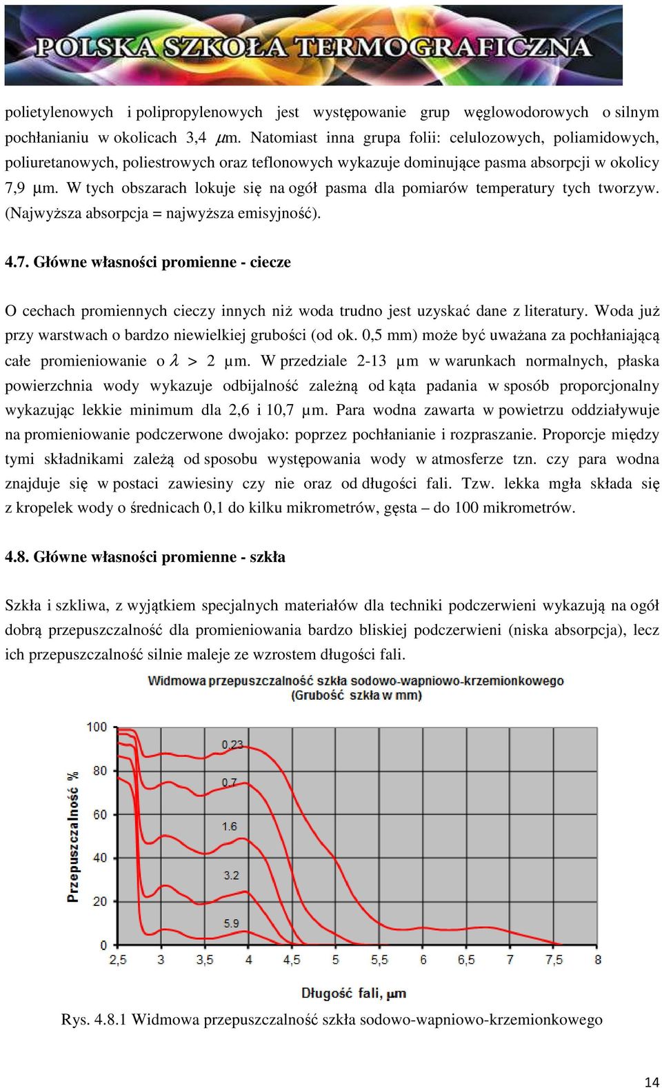 W tych obszarach lokuje się na ogół pasma dla pomiarów temperatury tych tworzyw. (Najwyższa absorpcja = najwyższa emisyjność). 4.7.