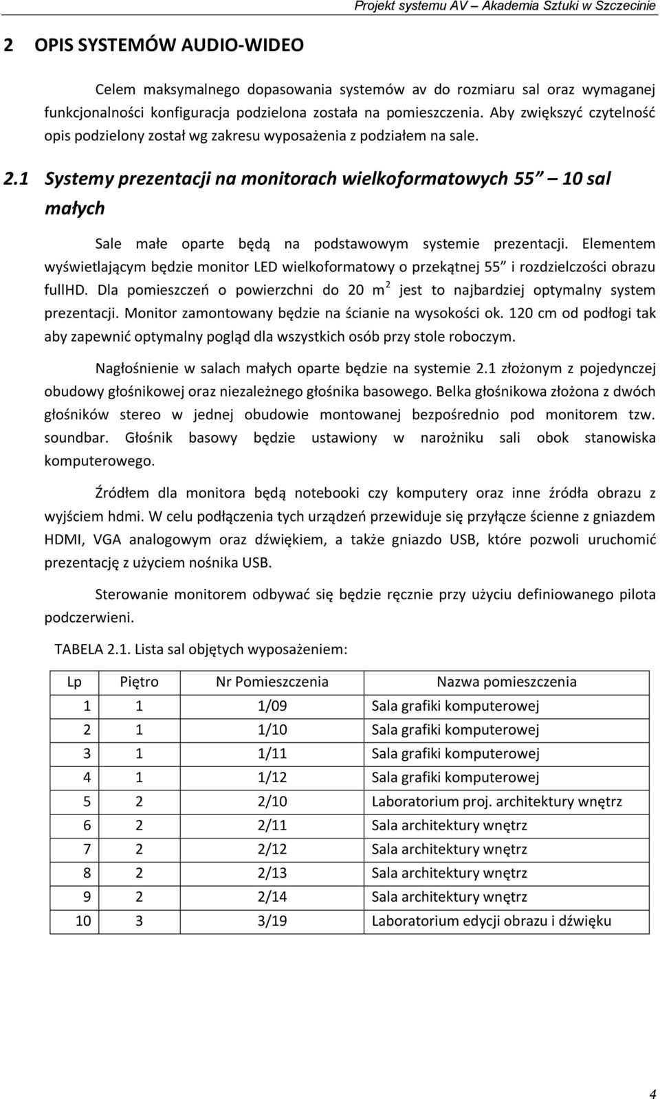 1 Systemy prezentacji na monitorach wielkoformatowych 55 10 sal małych Sale małe oparte będą na podstawowym systemie prezentacji.