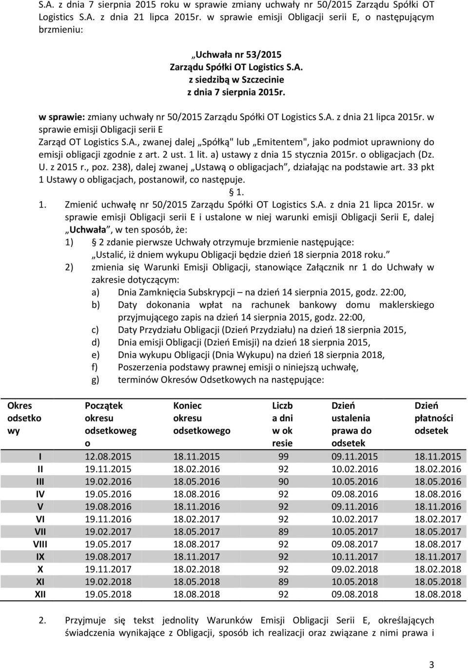 w sprawie: zmiany uchwały nr 50/2015 Zarządu Spółki OT Logistics S.A. z dnia 21 lipca 2015r. w sprawie emisji Obligacji serii E Zarząd OT Logistics S.A., zwanej dalej Spółką" lub Emitentem", jako podmiot uprawniony do emisji obligacji zgodnie z art.